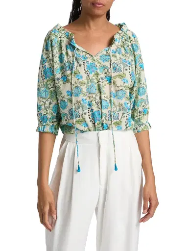 Ro's Garden Women's Havana Floral Cotton Top - Blue | Thumbnail 3 Ro's Garden Women's Havana Floral Cotton Top - Blue | Thumbnail 3