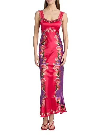 Saloni Women's Mimi Printed Silk Slip Dress - Feather Check - Size 6 | Thumbnail 2