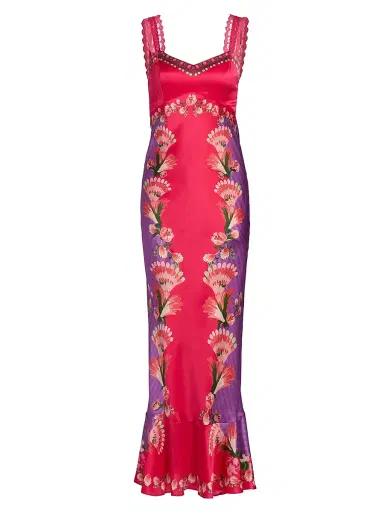 Saloni Women's Mimi Printed Silk Slip Dress - Feather Check - Size 6 | Thumbnail 1