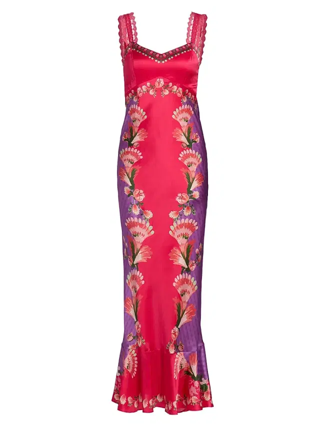 Women's Mimi Printed Silk Slip Dress - Feather Check
