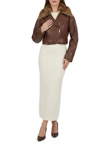Gorski Women's Select Nappa Leather Jacket with Detachable Toscana Lamb Collar - Cognac - Size Large | Thumbnail 6
