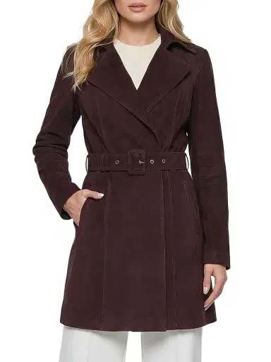 Gorski Women's Select Metis Suede Trench Coat with Belt - Burgundy - Size Large | Thumbnail 2