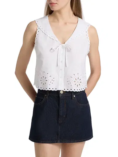 Le Jean Women's Embroidered Eyelet Linen Sailor Top - White | Thumbnail 3