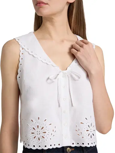 Le Jean Women's Embroidered Eyelet Linen Sailor Top - White | Thumbnail 6
