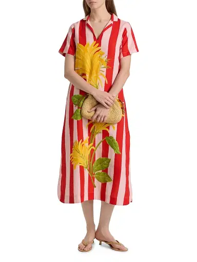 VERANDAH Women's Ammama Jacobina And Stripes Cotton-Linen Shirtdress - Blush And Vermillion Jacobina - Size Medium | Thumbnail 2 VERANDAH Women's Ammama Jacobina And Stripes Cotton-Linen Shirtdress - Blush And Vermillion Jacobina - Size Medium | Thumbnail 2