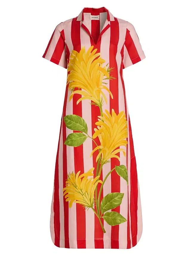 Verandah Women's Ammama Jacobina And Stripes Cotton-Linen Shirtdress - Blush And Vermillion Jacobina