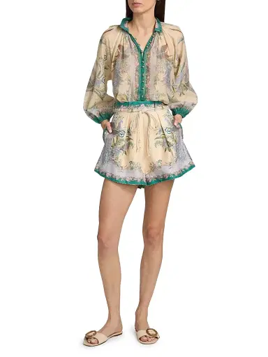 Zimmermann Women's Indra Peacock Linen Tuck Shorts | Thumbnail 2 Zimmermann Women's Indra Peacock Linen Tuck Shorts | Thumbnail 2