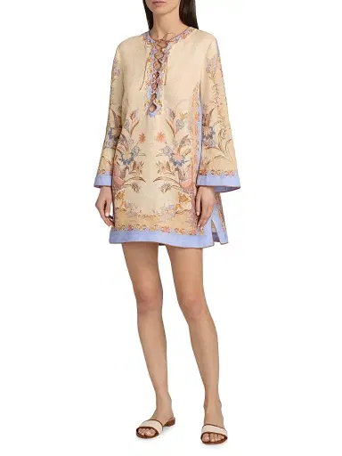 Zimmermann Women's Indra Floral Linen Tunic Mini Dress - Biscuit Scarf Floral | Thumbnail 2
