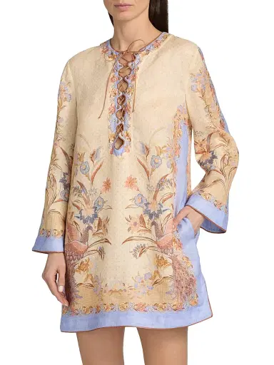 Zimmermann Women's Indra Floral Linen Tunic Mini Dress - Biscuit Scarf Floral | Thumbnail 3