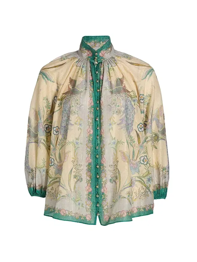 Women's Indra Peacock Cotton-Silk Billow Blouse - Cream Scarf Floral