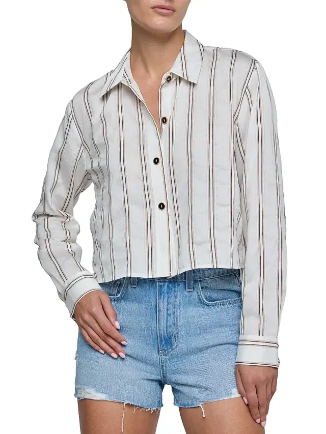 L'AGENCE Women's Cosette Shadow Striped Crop Shirt -  Khaki Black Stripe