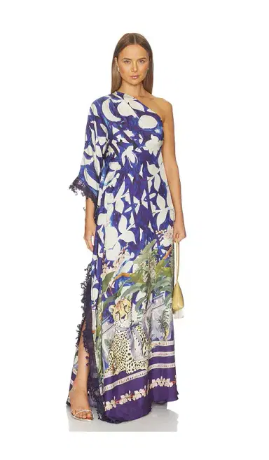 Falguni Shane Peacock Chateau Cheetah Print Kaftan With Lace Trim | Thumbnail 1