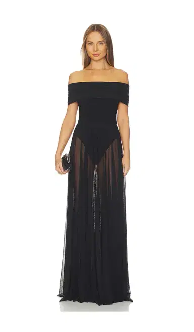 Norma Kamali Sleeveless Cowl Neck Combo Flared Gown | Thumbnail 1 Norma Kamali Sleeveless Cowl Neck Combo Flared Gown | Thumbnail 1