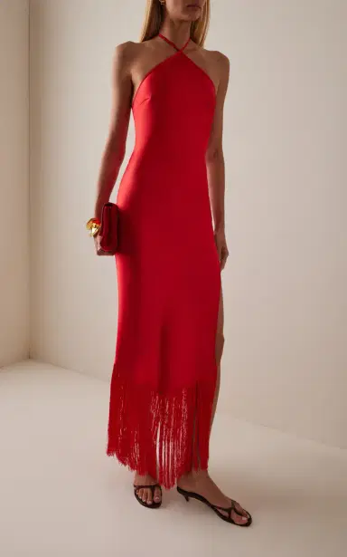 The New Arrivals Ilkyaz Ozel Exclusive Blânca Fringed Satin Midi Halter Dress | Thumbnail 2