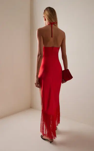 The New Arrivals Ilkyaz Ozel Exclusive Blânca Fringed Satin Midi Halter Dress | Thumbnail 4