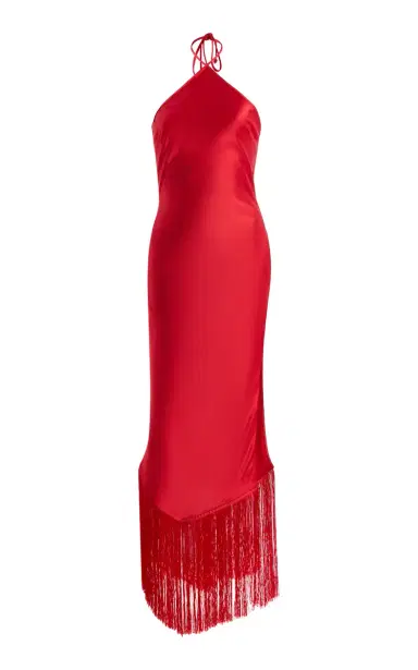 The New Arrivals Ilkyaz Ozel Exclusive Blânca Fringed Satin Midi Halter Dress | Thumbnail 7
