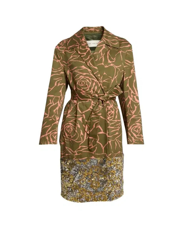 Dries Van Noten Roltas Sequined Rose-Print Wrap Trench Coat