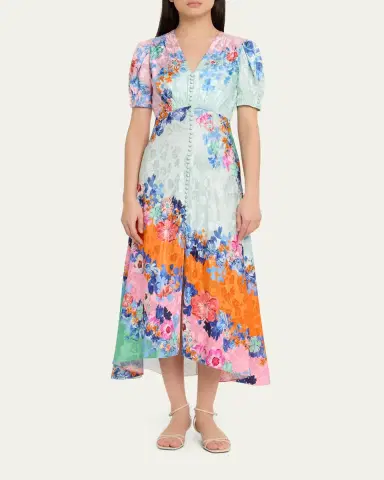 Saloni Lea Floral Silk Jacquard Button-Front Midi Dress | Thumbnail 2