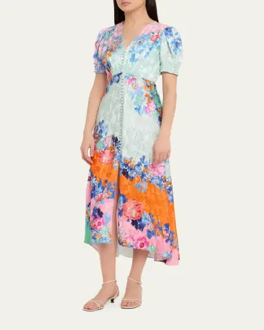 Saloni Lea Floral Silk Jacquard Button-Front Midi Dress | Thumbnail 4