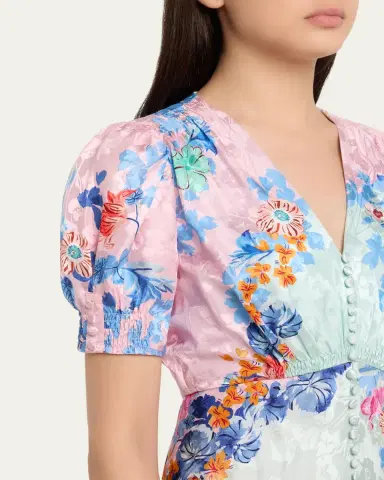 Saloni Lea Floral Silk Jacquard Button-Front Midi Dress | Thumbnail 5