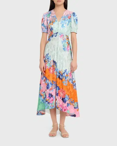 Saloni Lea Floral Silk Jacquard Button-Front Midi Dress | Thumbnail 6