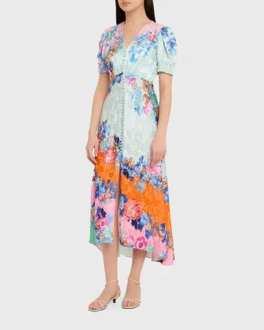 Saloni Lea Floral Silk Jacquard Button-Front Midi Dress | Thumbnail 8