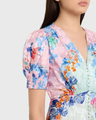 Saloni Lea Floral Silk Jacquard Button-Front Midi Dress | Thumbnail 9