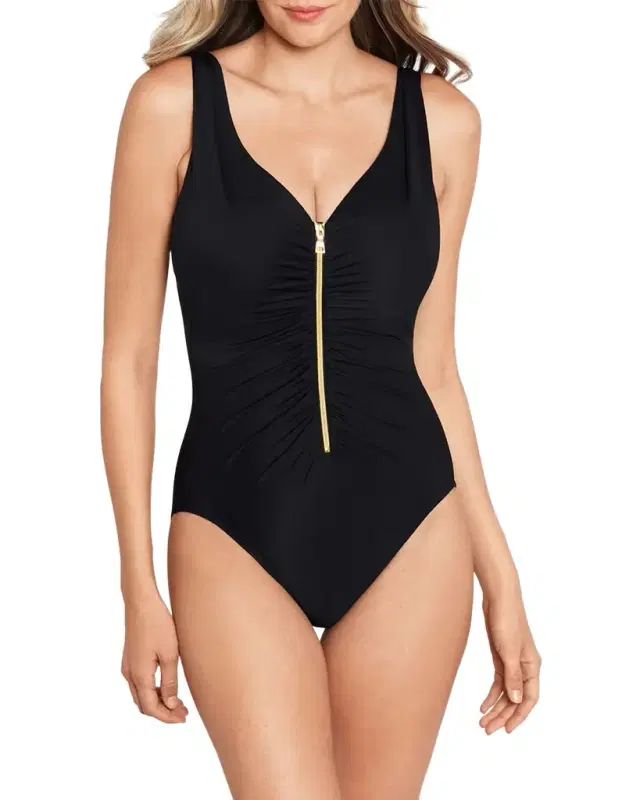 Razzle Dazzle Front-Zip Slimming One-Piece Swimsuit