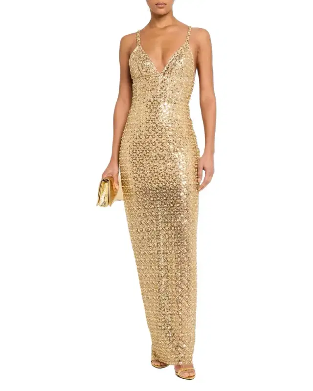 Bronx and Banco Allegra Bead & Sequin Deep V-Neck Gown