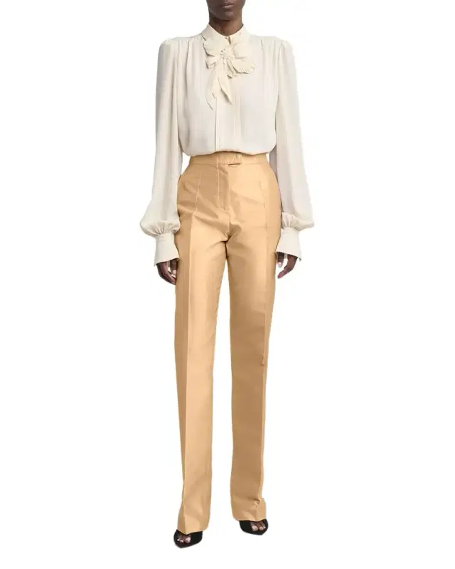 Shantung Silk Straight-Leg Pants