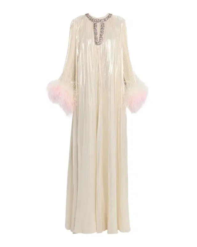 Pleated Metallic Maxi Dress with Ombre Feather Cuffs
