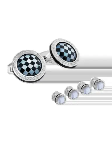 Tateossian Men 's Mosaic Onyx and Mother of Pearl Round Cufflinks and Shirt Stud Set | Thumbnail 2