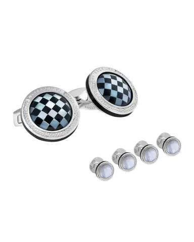 Tateossian Men 's Mosaic Onyx and Mother of Pearl Round Cufflinks and Shirt Stud Set | Thumbnail 1