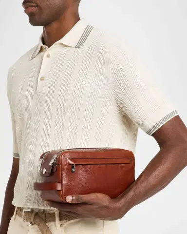 Brunello Cucinelli Men's Grained Leather Wide-Zip Toiletry Bag | Thumbnail 2 Brunello Cucinelli Men's Grained Leather Wide-Zip Toiletry Bag | Thumbnail 2