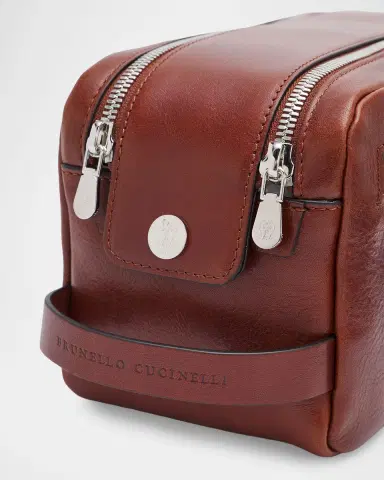 Brunello Cucinelli Men's Grained Leather Wide-Zip Toiletry Bag | Thumbnail 5 Brunello Cucinelli Men's Grained Leather Wide-Zip Toiletry Bag | Thumbnail 5
