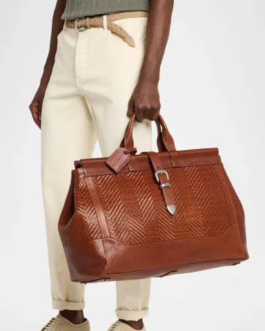 Brunello Cucinelli Men's Braided Leather Western-Buckle Travel Bag | Thumbnail 2