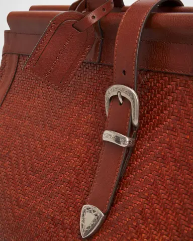 Brunello Cucinelli Men's Braided Leather Western-Buckle Travel Bag | Thumbnail 5
