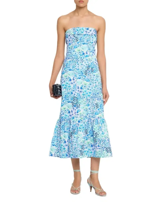 Wright Strapless Floral-Print Flounce Midi Dress