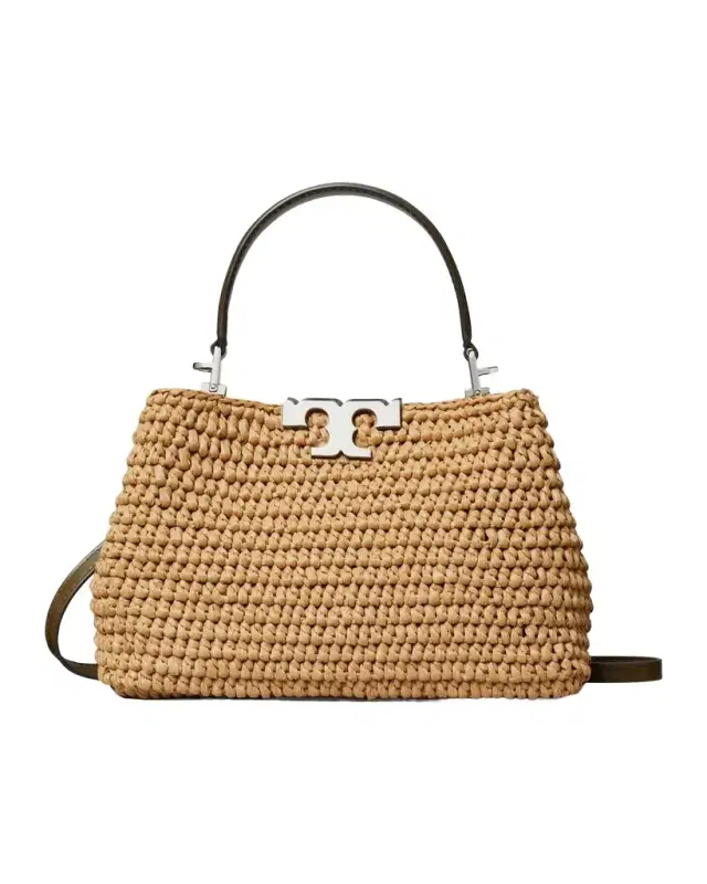 Tory Burch Eleanor Mini Hand-Crocheted Raffia Satchel Bag