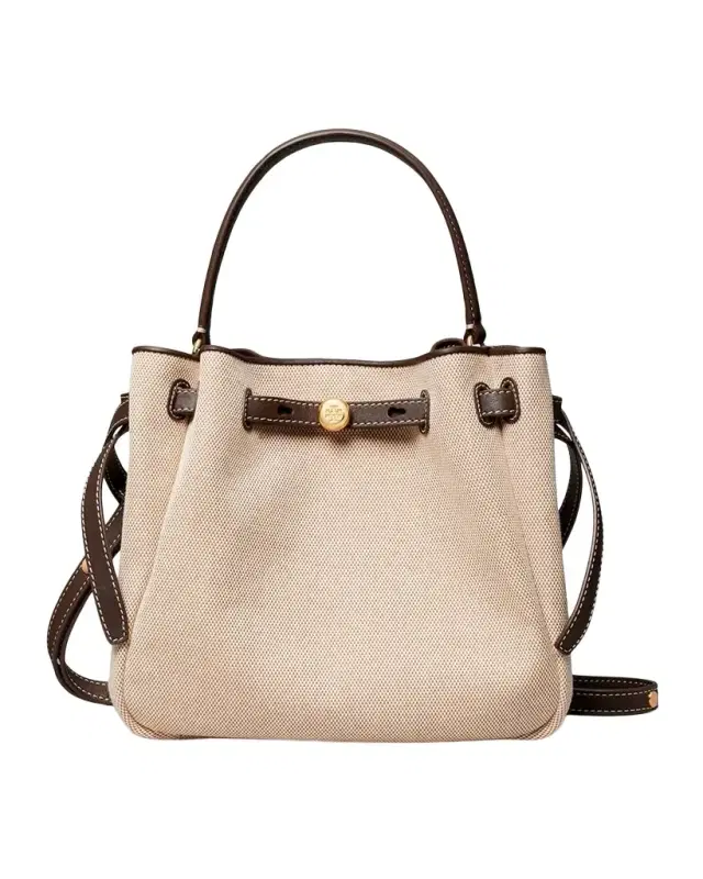 Tory Burch Romy Small Canvas Leather-Trim Crossbody Bucket Bag
