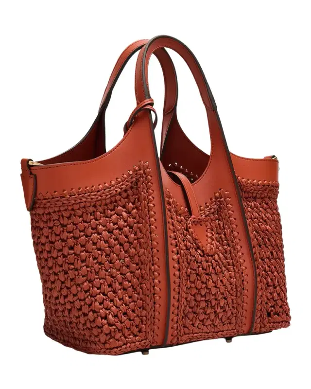 Tod's Small T Timeless Raffia & Leather Shopping Bag