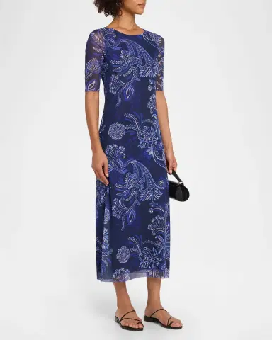 Johnny Was Astrid Floral Mesh Elbow-Sleeve Midi Dress | Thumbnail 4