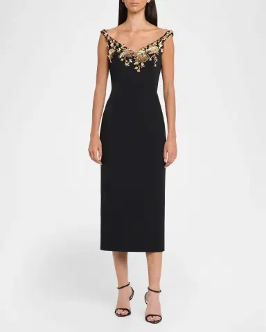 PAMELLA ROLAND Floral Embroidered Crepe Off-The-Shoulder Midi Dress | Thumbnail 2