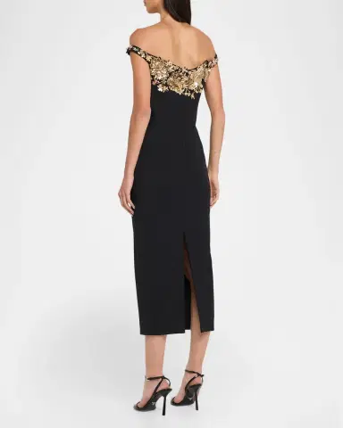 PAMELLA ROLAND Floral Embroidered Crepe Off-The-Shoulder Midi Dress | Thumbnail 3