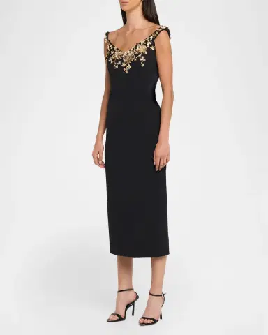 PAMELLA ROLAND Floral Embroidered Crepe Off-The-Shoulder Midi Dress | Thumbnail 4