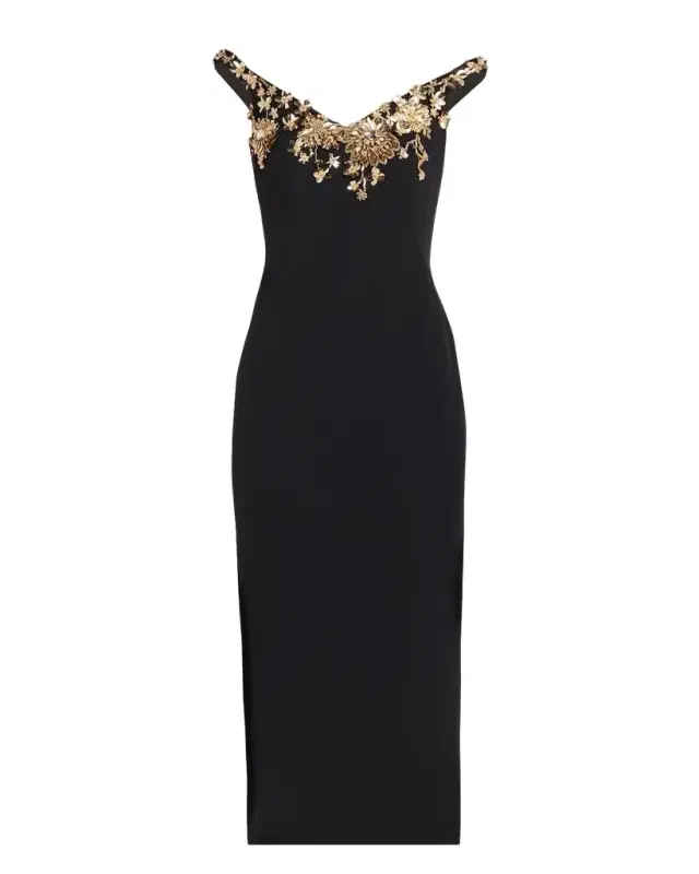 Pamella Roland Floral Embroidered Crepe Off-The-Shoulder Midi Dress