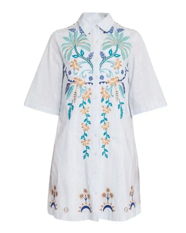 Johnny Was Kimono-Sleeve Embroidered Mini Shirtdress