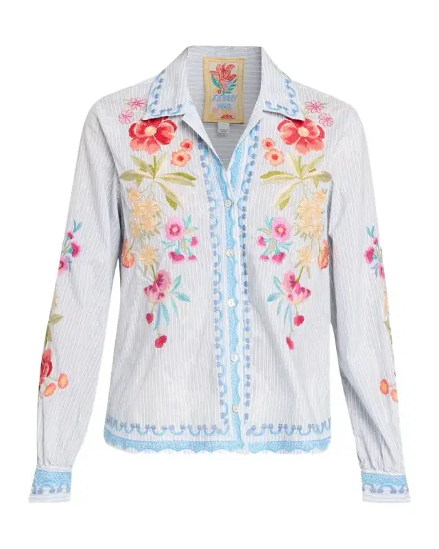 Johnny Was Floral Embroidered Open-Neck Shirt