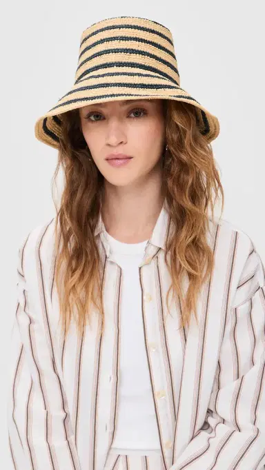 JANESSA LEONE Packable Bucket Hat Natural/Navy S | Thumbnail 3