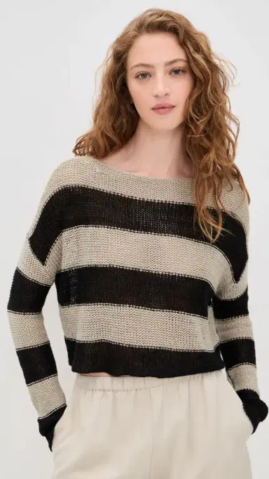 ENZA COSTA Stripe Linen Bateau Sweater Oatmeal/Black M | Thumbnail 2